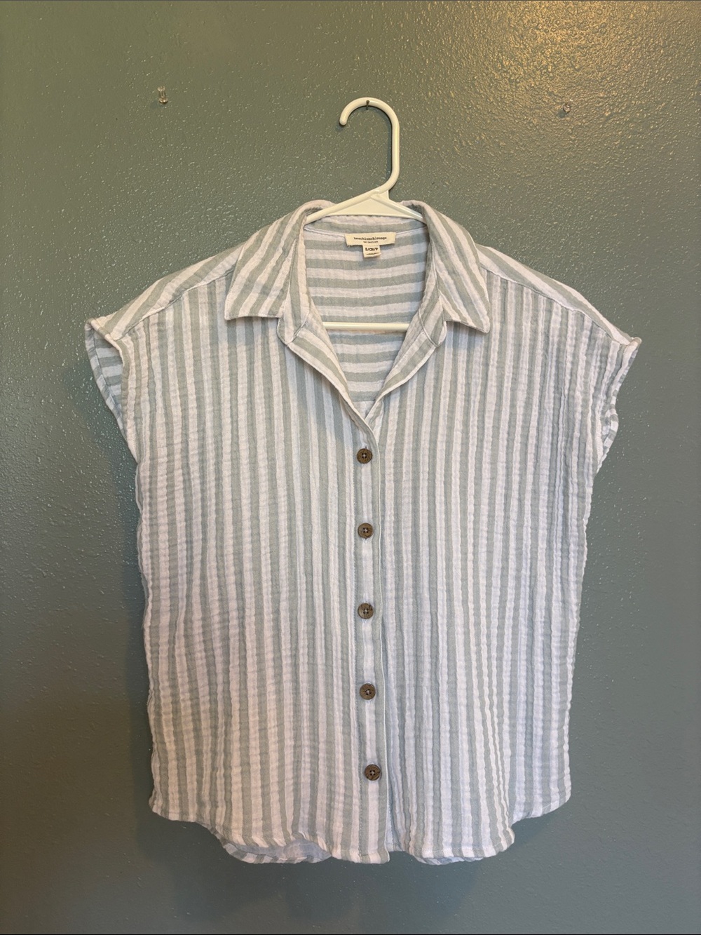 100% Cotton | Pale Green and White Striped Button-Down | Gauze Top - Picture 8 of 16
